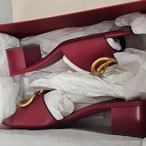 Valentino Garavani Cherry Red Leather Slide Sandals with Gold Hardware